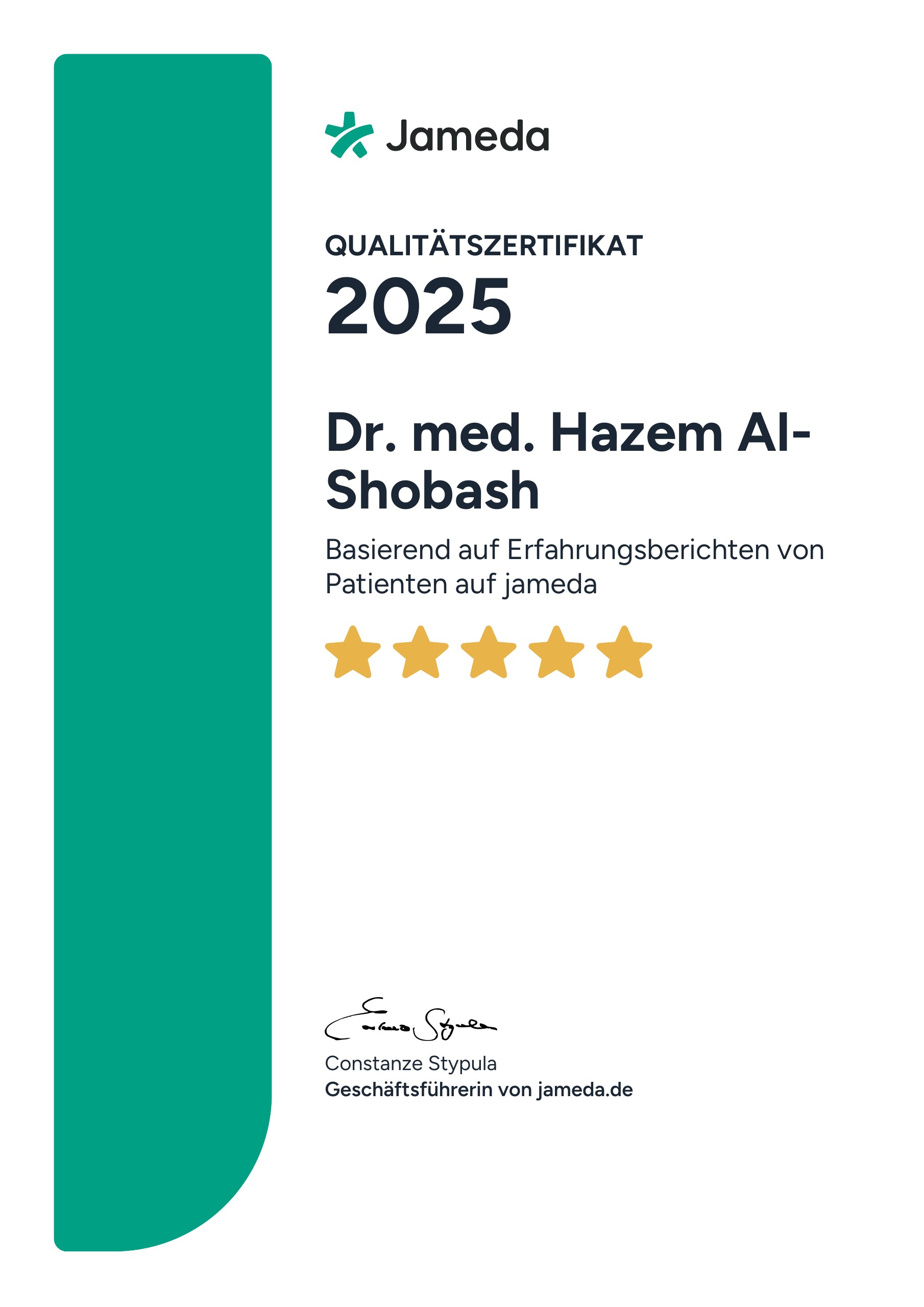 Jameda Qualitätszertifikat 2025 für Dr. med. Hazem Al-Shobash, basierend auf Erfahrungsberichten von Patienten